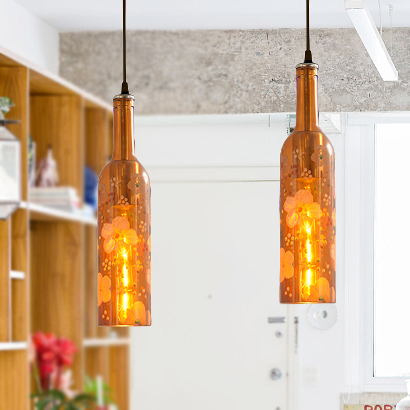 1 Light Bottle Hanging Lamp Industrial Style Red/Yellow Glass Suspended Light with Pattern for Restaurant Clearhalo 'Ceiling Lights' 'Glass shade' 'Glass' 'Industrial Pendants' 'Industrial' 'Middle Century Pendants' 'Pendant Lights' 'Pendants' 'Tiffany' Lighting' 254773