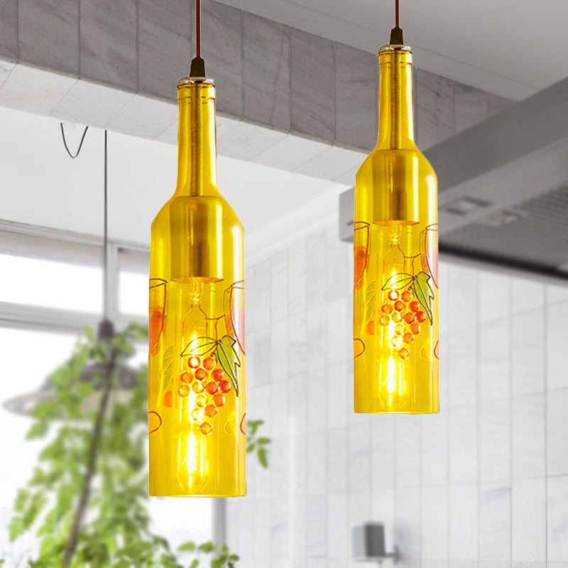 1 Light Bottle Hanging Lamp Industrial Style Red/Yellow Glass Suspended Light with Pattern for Restaurant Yellow Clearhalo 'Ceiling Lights' 'Glass shade' 'Glass' 'Industrial Pendants' 'Industrial' 'Middle Century Pendants' 'Pendant Lights' 'Pendants' 'Tiffany' Lighting' 254774