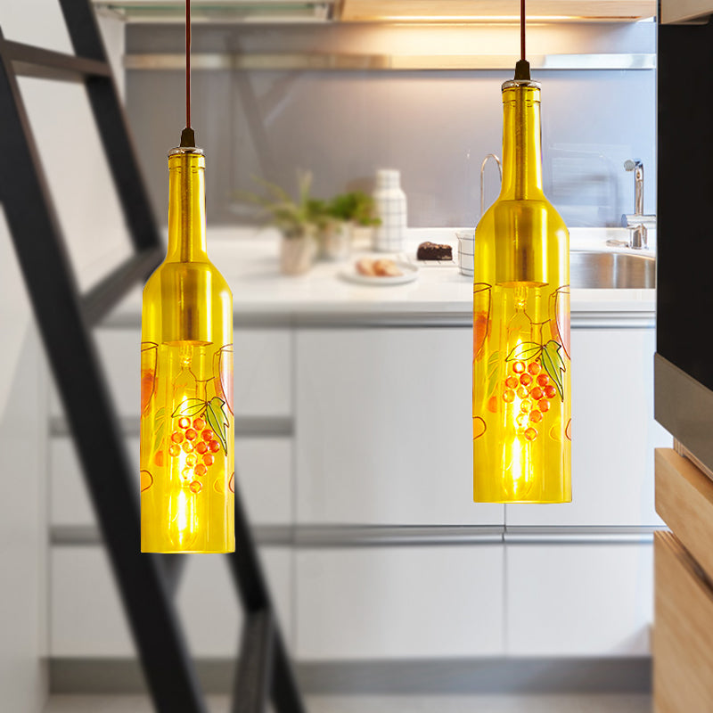 1 Light Bottle Hanging Lamp Industrial Style Red/Yellow Glass Suspended Light with Pattern for Restaurant Clearhalo 'Ceiling Lights' 'Glass shade' 'Glass' 'Industrial Pendants' 'Industrial' 'Middle Century Pendants' 'Pendant Lights' 'Pendants' 'Tiffany' Lighting' 254775