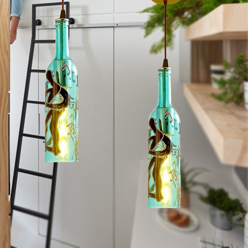 1 Light Bottle Hanging Lamp Industrial Style Red/Yellow Glass Suspended Light with Pattern for Restaurant Blue Clearhalo 'Ceiling Lights' 'Glass shade' 'Glass' 'Industrial Pendants' 'Industrial' 'Middle Century Pendants' 'Pendant Lights' 'Pendants' 'Tiffany' Lighting' 254776