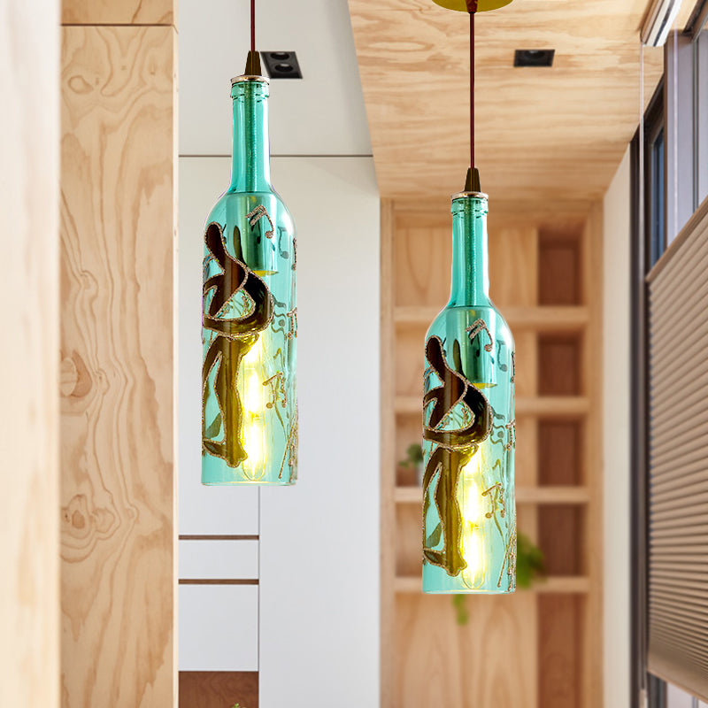 1 Light Bottle Hanging Lamp Industrial Style Red/Yellow Glass Suspended Light with Pattern for Restaurant Clearhalo 'Ceiling Lights' 'Glass shade' 'Glass' 'Industrial Pendants' 'Industrial' 'Middle Century Pendants' 'Pendant Lights' 'Pendants' 'Tiffany' Lighting' 254777