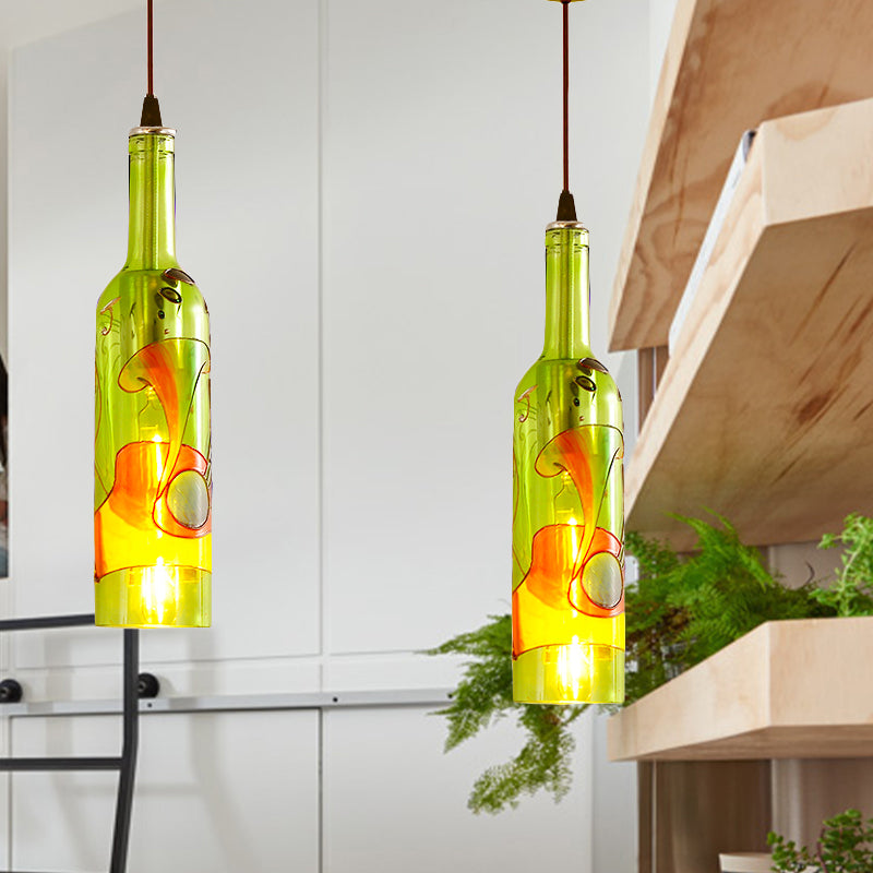 1 Light Bottle Hanging Lamp Industrial Style Red/Yellow Glass Suspended Light with Pattern for Restaurant Green Clearhalo 'Ceiling Lights' 'Glass shade' 'Glass' 'Industrial Pendants' 'Industrial' 'Middle Century Pendants' 'Pendant Lights' 'Pendants' 'Tiffany' Lighting' 254778