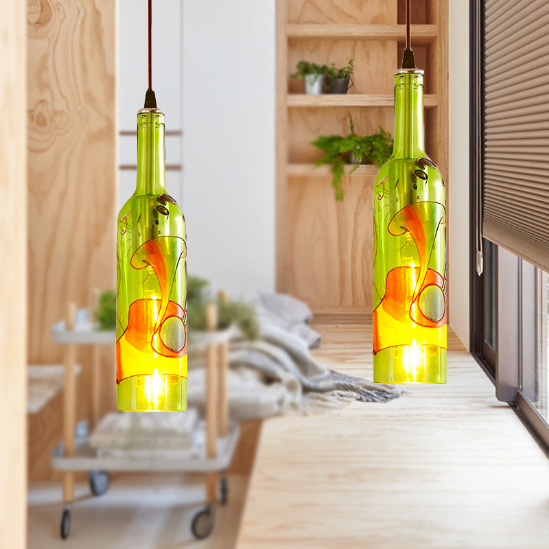 1 Light Bottle Hanging Lamp Industrial Style Red/Yellow Glass Suspended Light with Pattern for Restaurant Clearhalo 'Ceiling Lights' 'Glass shade' 'Glass' 'Industrial Pendants' 'Industrial' 'Middle Century Pendants' 'Pendant Lights' 'Pendants' 'Tiffany' Lighting' 254779