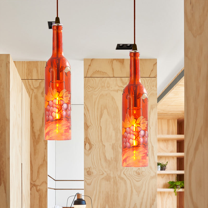1 Light Bottle Hanging Lamp Industrial Style Red/Yellow Glass Suspended Light with Pattern for Restaurant Red Clearhalo 'Ceiling Lights' 'Glass shade' 'Glass' 'Industrial Pendants' 'Industrial' 'Middle Century Pendants' 'Pendant Lights' 'Pendants' 'Tiffany' Lighting' 254780