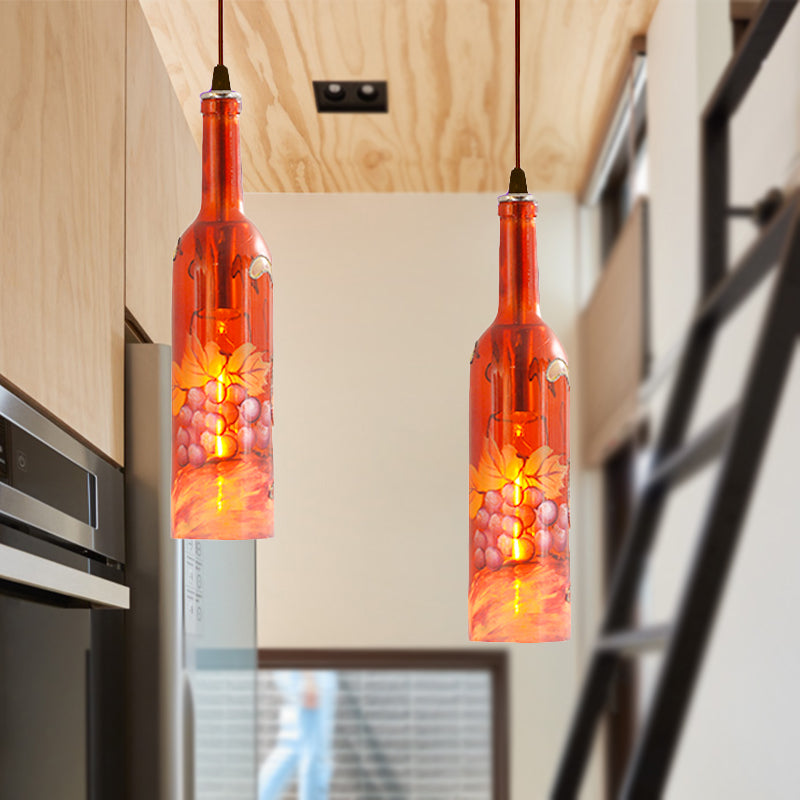 1 Light Bottle Hanging Lamp Industrial Style Red/Yellow Glass Suspended Light with Pattern for Restaurant Clearhalo 'Ceiling Lights' 'Glass shade' 'Glass' 'Industrial Pendants' 'Industrial' 'Middle Century Pendants' 'Pendant Lights' 'Pendants' 'Tiffany' Lighting' 254781