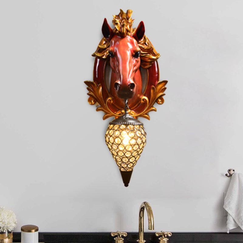 1 Light Living Room Wall Light Vintage Sconce with White/Red Horse Resin Decoration, 10"/12" Wide Clearhalo 'Wall Lamps & Sconces' 'Wall Lights' Lighting' 254783