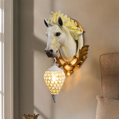 1 Light Living Room Wall Light Vintage Sconce with White/Red Horse Resin Decoration, 10"/12" Wide White Clearhalo 'Wall Lamps & Sconces' 'Wall Lights' Lighting' 254787