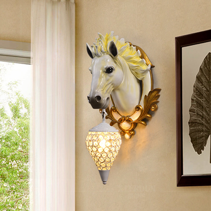 1 Light Living Room Wall Light Vintage Sconce with White/Red Horse Resin Decoration, 10"/12" Wide Clearhalo 'Wall Lamps & Sconces' 'Wall Lights' Lighting' 254788