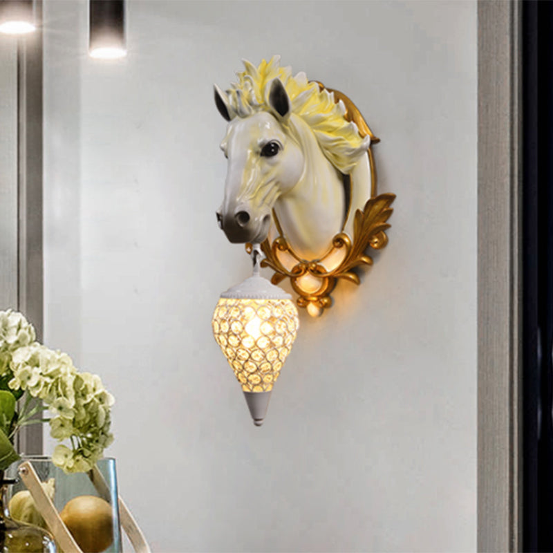 1 Light Living Room Wall Light Vintage Sconce with White/Red Horse Resin Decoration, 10"/12" Wide Clearhalo 'Wall Lamps & Sconces' 'Wall Lights' Lighting' 254789