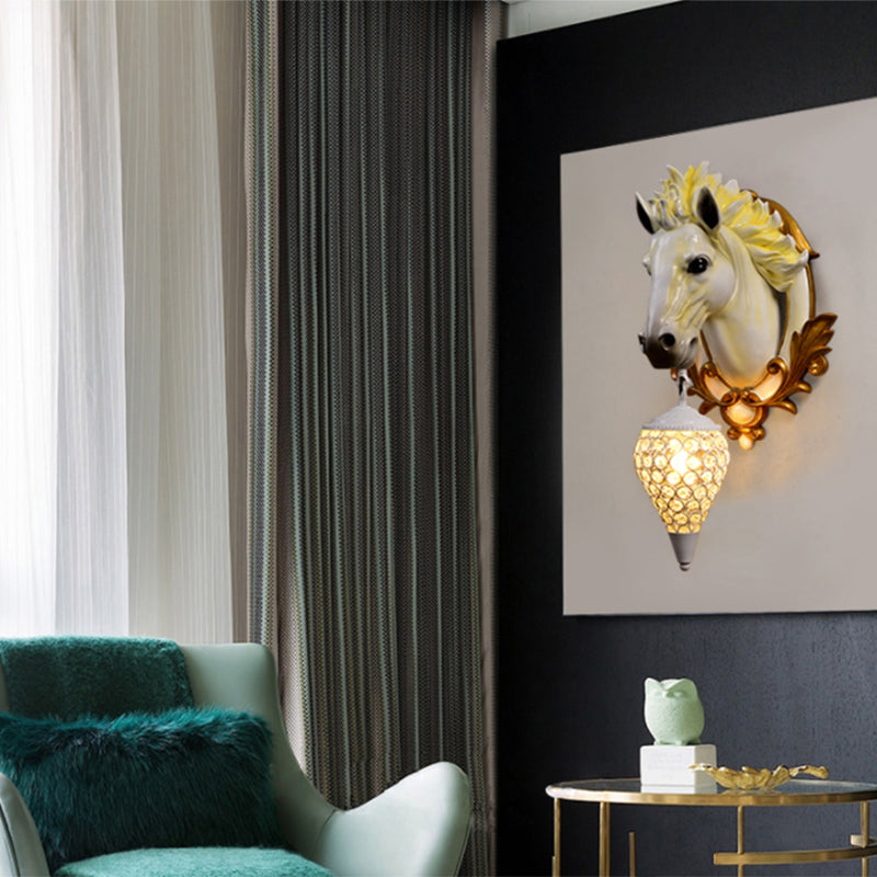 1 Light Living Room Wall Light Vintage Sconce with White/Red Horse Resin Decoration, 10"/12" Wide Clearhalo 'Wall Lamps & Sconces' 'Wall Lights' Lighting' 254790