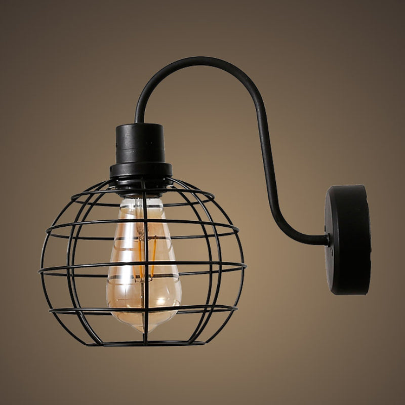 1 Bulb Sconce Lamp Retro Style Wire Global Cage Metal Wall Sconce Light in Black for Living Room Black Clearhalo 'Art deco wall lights' 'Cast Iron' 'Glass' 'Industrial wall lights' 'Industrial' 'Middle century wall lights' 'Modern' 'Rustic wall lights' 'Tiffany' 'Traditional wall lights' 'Wall Lamps & Sconces' 'Wall Lights' Lighting' 254799