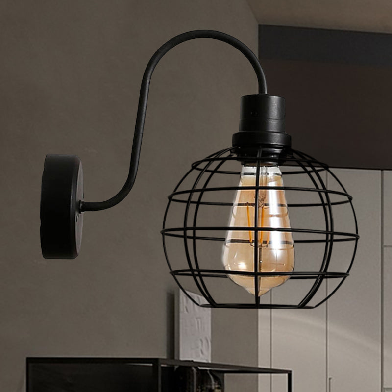 1 Bulb Sconce Lamp Retro Style Wire Global Cage Metal Wall Sconce Light in Black for Living Room Clearhalo 'Art deco wall lights' 'Cast Iron' 'Glass' 'Industrial wall lights' 'Industrial' 'Middle century wall lights' 'Modern' 'Rustic wall lights' 'Tiffany' 'Traditional wall lights' 'Wall Lamps & Sconces' 'Wall Lights' Lighting' 254800