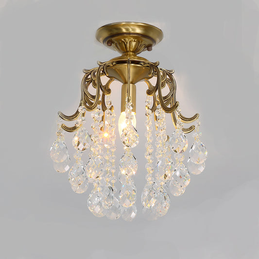 Curved Semi Flush Mount Light Traditional 1-Light Metal Flushmount Ceiling Fixture with Clear/Cognac Crystal Droplet Clearhalo 'Ceiling Lights' 'Close To Ceiling Lights' 'Close to ceiling' 'Semi-flushmount' Lighting' 254819
