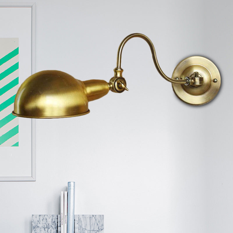 Brass 1 Head Wall Lighting Vintage Metallic Dome Shade Wall Sconce Light with Gooseneck Arm Brass Clearhalo 'Art deco wall lights' 'Cast Iron' 'Glass' 'Industrial wall lights' 'Industrial' 'Middle century wall lights' 'Modern' 'Rustic wall lights' 'Tiffany' 'Traditional wall lights' 'Wall Lamps & Sconces' 'Wall Lights' Lighting' 254825