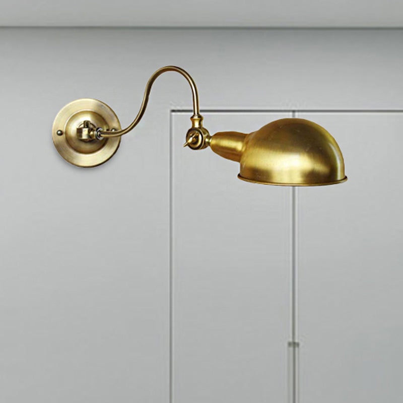 Brass 1 Head Wall Lighting Vintage Metallic Dome Shade Wall Sconce Light with Gooseneck Arm Clearhalo 'Art deco wall lights' 'Cast Iron' 'Glass' 'Industrial wall lights' 'Industrial' 'Middle century wall lights' 'Modern' 'Rustic wall lights' 'Tiffany' 'Traditional wall lights' 'Wall Lamps & Sconces' 'Wall Lights' Lighting' 254826