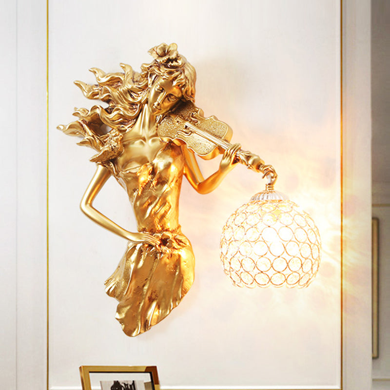 Dome Wall Mount Light Vintage Metal and Crystal 1 Light White/Gold Wall Sconce Light with Girl Decoration Clearhalo 'Wall Lamps & Sconces' 'Wall Lights' Lighting' 254863