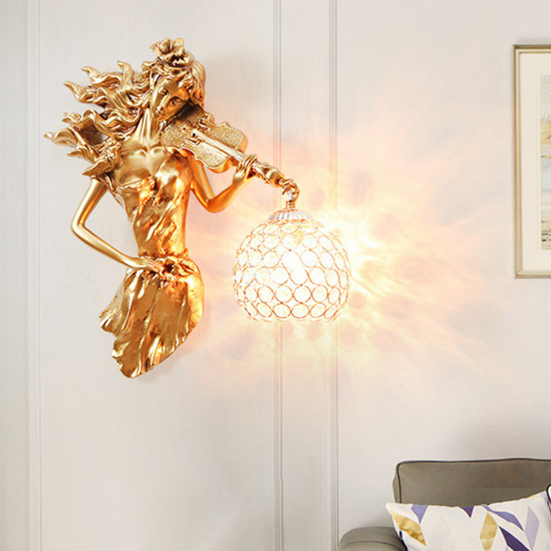 Dome Wall Mount Light Vintage Metal and Crystal 1 Light White/Gold Wall Sconce Light with Girl Decoration Clearhalo 'Wall Lamps & Sconces' 'Wall Lights' Lighting' 254864