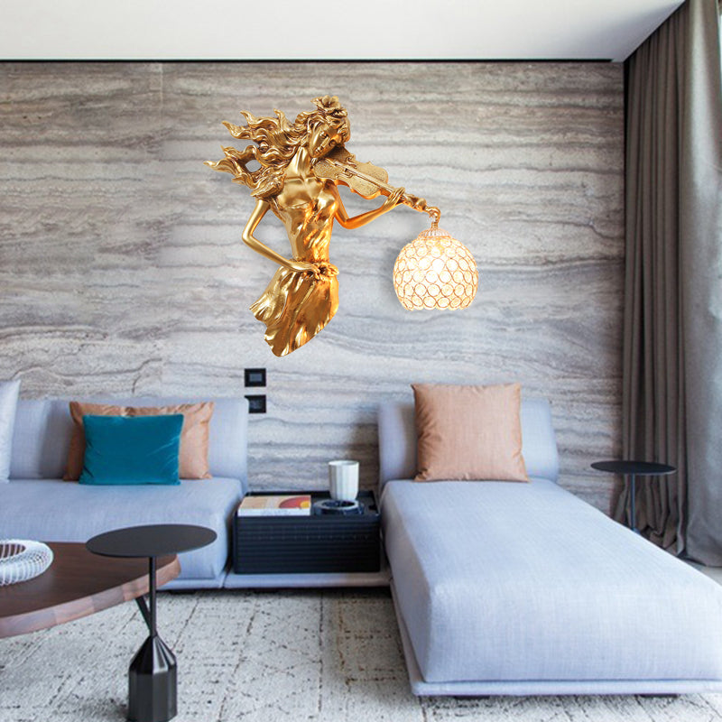 Dome Wall Mount Light Vintage Metal and Crystal 1 Light White/Gold Wall Sconce Light with Girl Decoration Clearhalo 'Wall Lamps & Sconces' 'Wall Lights' Lighting' 254865