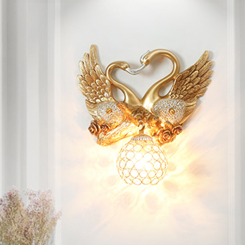Resin Swan Wall Light Vintage 1 Light Gold Sconce Light with Dome Metal and Crystal Shade Clearhalo 'Wall Lamps & Sconces' 'Wall Lights' Lighting' 254873