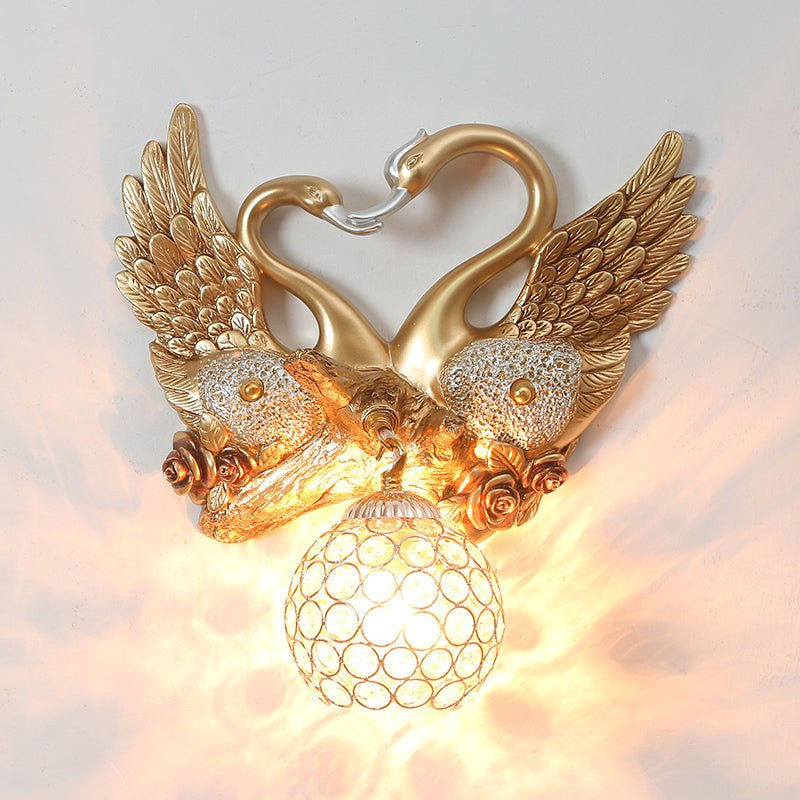 Resin Swan Wall Light Vintage 1 Light Gold Sconce Light with Dome Metal and Crystal Shade Gold Clearhalo 'Wall Lamps & Sconces' 'Wall Lights' Lighting' 254874