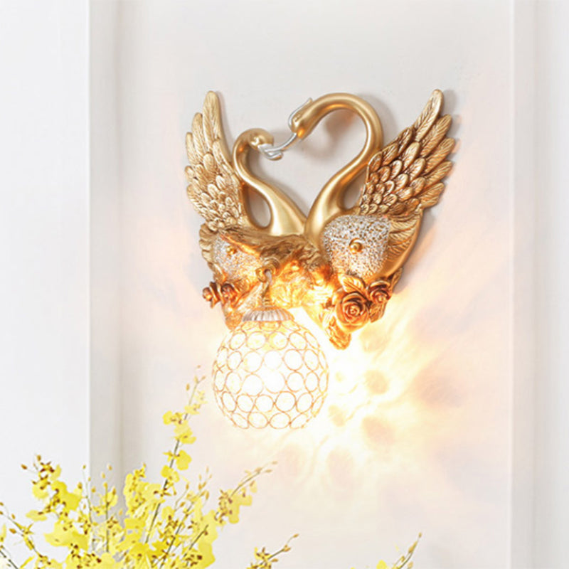 Resin Swan Wall Light Vintage 1 Light Gold Sconce Light with Dome Metal and Crystal Shade Clearhalo 'Wall Lamps & Sconces' 'Wall Lights' Lighting' 254875