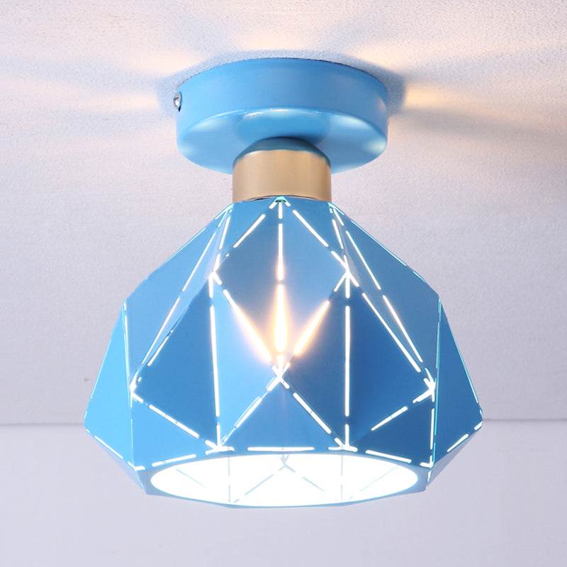 Hollow Polyhedron Balcony Porch Ceiling Mount Light Metal One Light Ceiling Lamp Blue Clearhalo 'Ceiling Lights' 'Close To Ceiling Lights' 'Close to ceiling' 'Semi-flushmount' Lighting' 254881