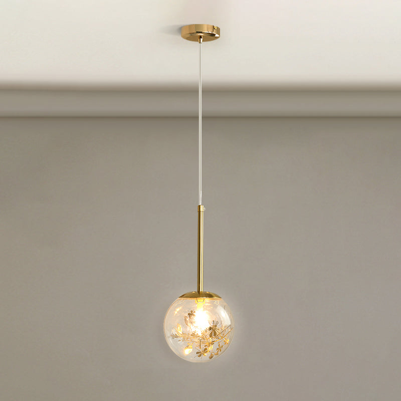 Spherical Glass Hanging Ceiling Light Modern 1 Light Bedroom Pendant Lamp in Gold Gold 5.5" Flower Clearhalo 'Ceiling Lights' 'Glass shade' 'Glass' 'Modern Pendants' 'Modern' 'Pendant Lights' 'Pendants' Lighting' 2548937