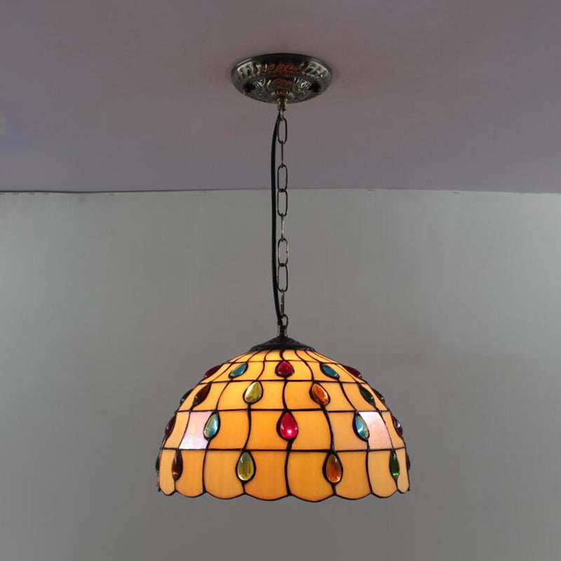 Dome Pendant Light Tiffany-Style 12" Wide 1 Light Glass Hanging Lamp for Living Room Yellow Clearhalo 'Ceiling Lights' 'Glass shade' 'Glass' 'Industrial' 'Middle Century Pendants' 'Pendant Lights' 'Pendants' 'Tiffany close to ceiling' 'Tiffany Pendants' 'Tiffany' Lighting' 2548982