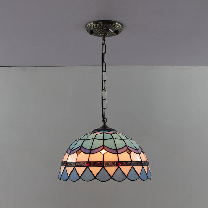 Dome Pendant Light Tiffany-Style 12" Wide 1 Light Glass Hanging Lamp for Living Room Blue Clearhalo 'Ceiling Lights' 'Glass shade' 'Glass' 'Industrial' 'Middle Century Pendants' 'Pendant Lights' 'Pendants' 'Tiffany close to ceiling' 'Tiffany Pendants' 'Tiffany' Lighting' 2548985