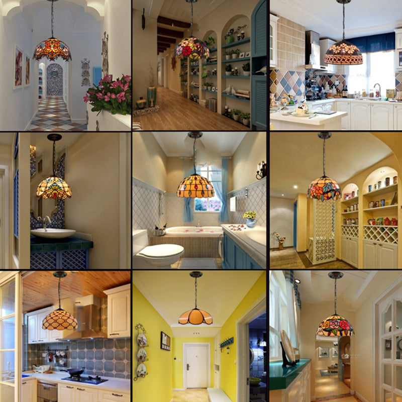 Dome Pendant Light Tiffany-Style 12" Wide 1 Light Glass Hanging Lamp for Living Room Clearhalo 'Ceiling Lights' 'Glass shade' 'Glass' 'Industrial' 'Middle Century Pendants' 'Pendant Lights' 'Pendants' 'Tiffany close to ceiling' 'Tiffany Pendants' 'Tiffany' Lighting' 2548988