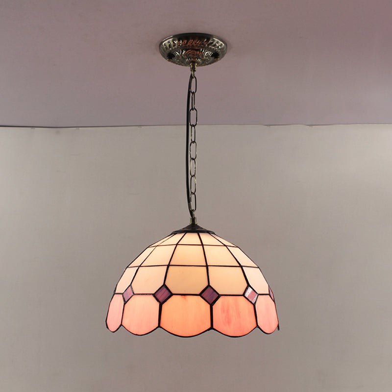 Dome Pendant Light Tiffany-Style 12" Wide 1 Light Glass Hanging Lamp for Living Room Pink Clearhalo 'Ceiling Lights' 'Glass shade' 'Glass' 'Industrial' 'Middle Century Pendants' 'Pendant Lights' 'Pendants' 'Tiffany close to ceiling' 'Tiffany Pendants' 'Tiffany' Lighting' 2548989