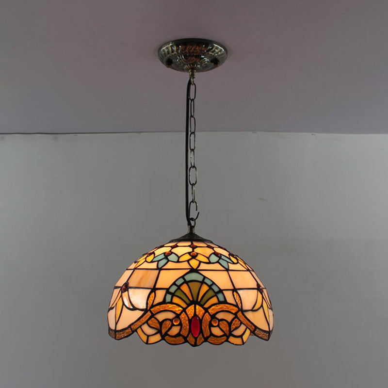 Dome Pendant Light Tiffany-Style 12" Wide 1 Light Glass Hanging Lamp for Living Room Light Yellow Clearhalo 'Ceiling Lights' 'Glass shade' 'Glass' 'Industrial' 'Middle Century Pendants' 'Pendant Lights' 'Pendants' 'Tiffany close to ceiling' 'Tiffany Pendants' 'Tiffany' Lighting' 2548991