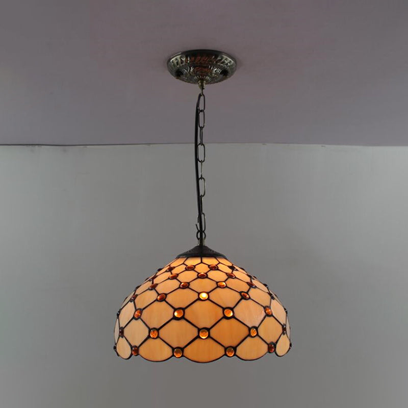 Dome Pendant Light Tiffany-Style 12" Wide 1 Light Glass Hanging Lamp for Living Room Beige Clearhalo 'Ceiling Lights' 'Glass shade' 'Glass' 'Industrial' 'Middle Century Pendants' 'Pendant Lights' 'Pendants' 'Tiffany close to ceiling' 'Tiffany Pendants' 'Tiffany' Lighting' 2548992