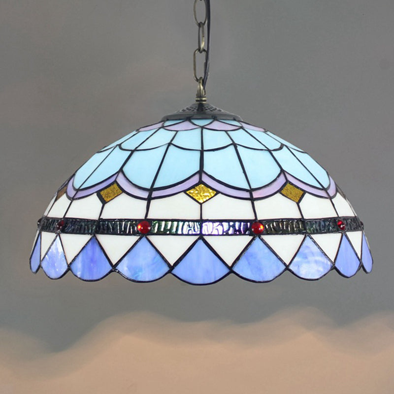 Dome Hanging Lamps Tiffany 16" Wide 1 Light Glass Hanging Lamp in Blue Clearhalo 'Ceiling Lights' 'Chandeliers' 'Glass shade' 'Glass' 'Industrial' 'Middle Century Pendants' 'Pendant Lights' 'Pendants' 'Tiffany close to ceiling' 'Tiffany Pendants' 'Tiffany' Lighting' 2548995