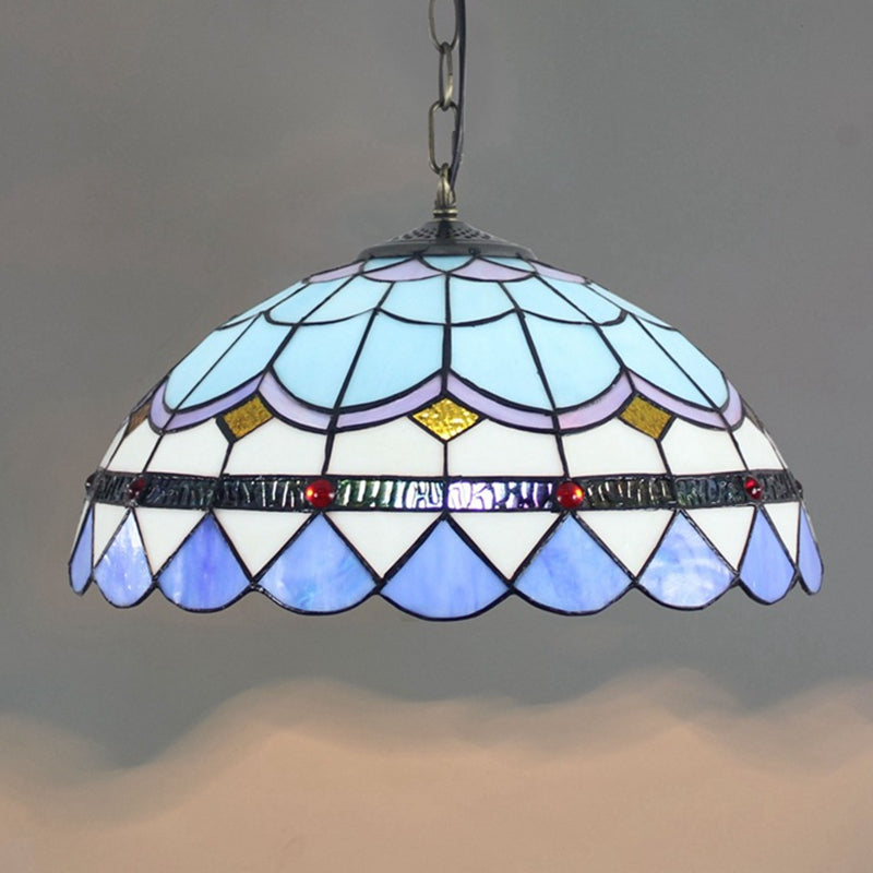 Dome Hanging Lamps Tiffany 16" Wide 1 Light Glass Hanging Lamp in Blue Blue Clearhalo 'Ceiling Lights' 'Chandeliers' 'Glass shade' 'Glass' 'Industrial' 'Middle Century Pendants' 'Pendant Lights' 'Pendants' 'Tiffany close to ceiling' 'Tiffany Pendants' 'Tiffany' Lighting' 2548996