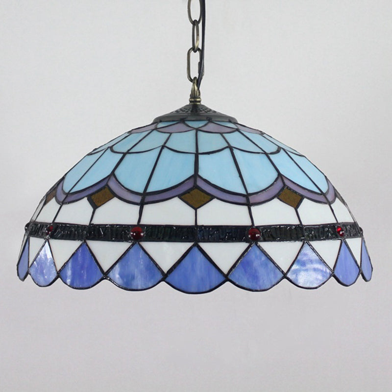 Dome Hanging Lamps Tiffany 16" Wide 1 Light Glass Hanging Lamp in Blue Clearhalo 'Ceiling Lights' 'Chandeliers' 'Glass shade' 'Glass' 'Industrial' 'Middle Century Pendants' 'Pendant Lights' 'Pendants' 'Tiffany close to ceiling' 'Tiffany Pendants' 'Tiffany' Lighting' 2548997
