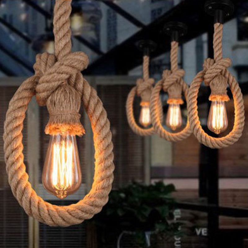 Industrial Exposed Bulb Pendant Light 1 Light Hemp Rope Hanging Lamp in  Beige