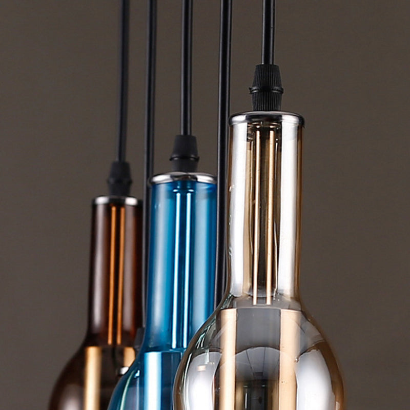 Art Deco Wine Bottle Hanging Lamp Glass 5 Light Restaurant Down Lighting Pendant in Multi-Color Clearhalo 'Ceiling Lights' 'Chandeliers' 'Glass shade' 'Glass' 'Industrial Pendants' 'Industrial' 'Middle Century Pendants' 'Pendant Lights' 'Pendants' 'Tiffany' Lighting' 2549018