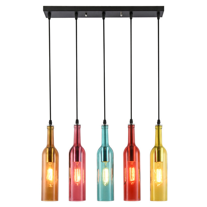 Art Deco Wine Bottle Hanging Lamp Glass 5 Light Restaurant Down Lighting Pendant in Multi-Color Multi-Color Clearhalo 'Ceiling Lights' 'Chandeliers' 'Glass shade' 'Glass' 'Industrial Pendants' 'Industrial' 'Middle Century Pendants' 'Pendant Lights' 'Pendants' 'Tiffany' Lighting' 2549021