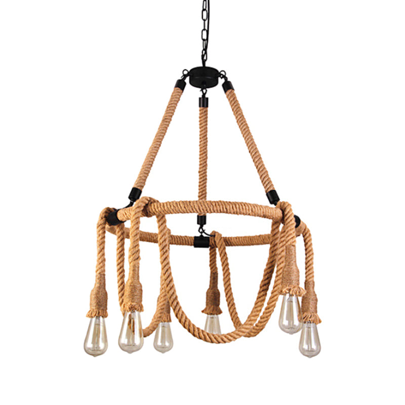 6 Lights Adjustable Rope Chandelier Lighting Fixtures Industrial Beige Hanging Ceiling Light Clearhalo 'Ceiling Lights' 'Chandeliers' 'Industrial Chandeliers' 'Industrial' 'Middle Century Chandeliers' 'Tiffany' Lighting' 2549034
