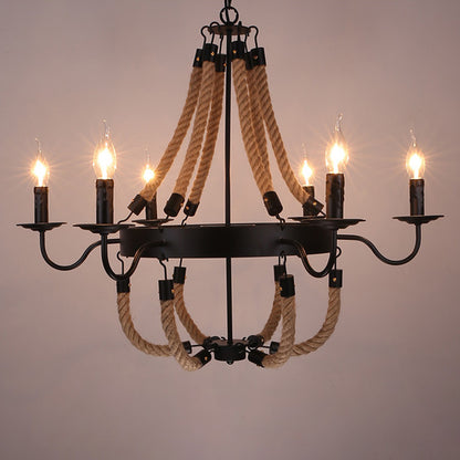 Circular Metal Ring Rope Hanging Ceiling Light Industrial Black Pendant Light Fixture 6 Black Clearhalo 'Ceiling Lights' 'Chandeliers' 'Industrial Chandeliers' 'Industrial' 'Middle Century Chandeliers' 'Tiffany' Lighting' 2549037