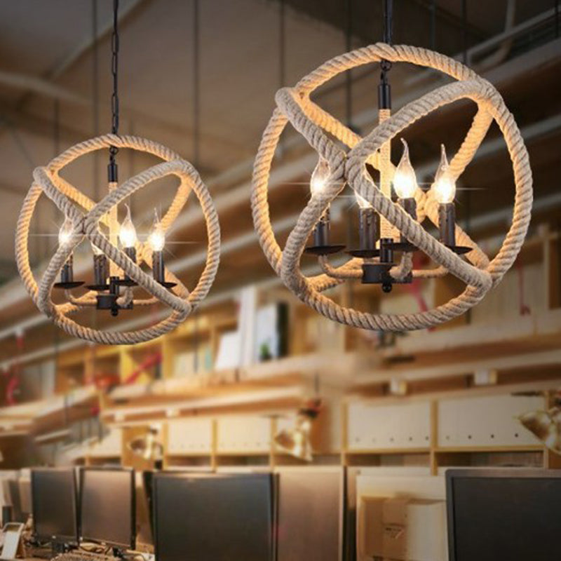 Rope Wrapped Hoops Candle Chandelier Coastal Black Pendant Lights 4 Black Clearhalo 'Ceiling Lights' 'Chandeliers' 'Industrial Chandeliers' 'Industrial' 'Middle Century Chandeliers' 'Tiffany' Lighting' 2549042