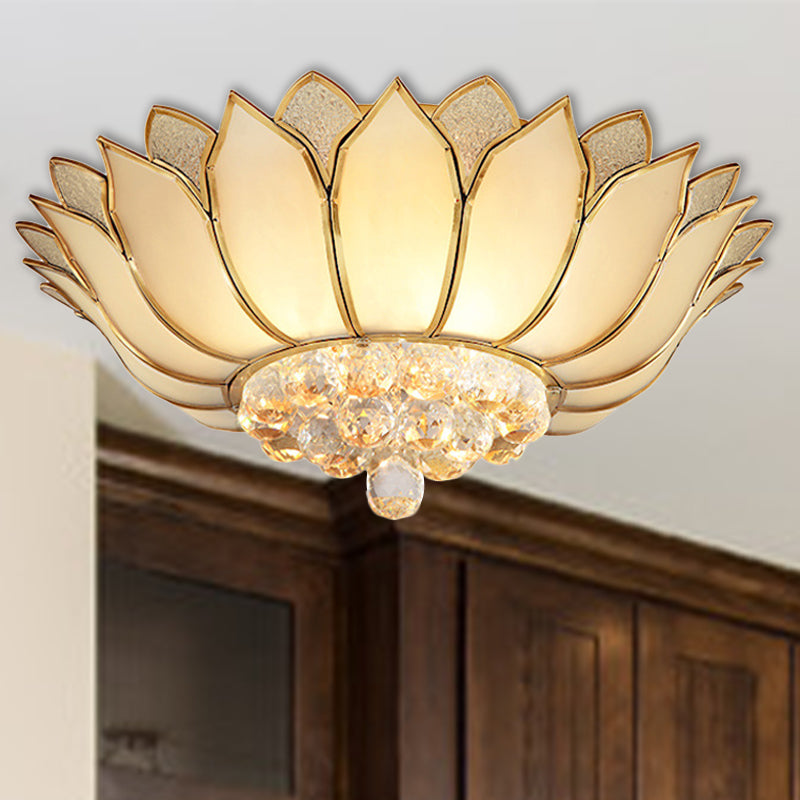 Golden Lotus Flush Mount Light Traditional 4/6 Lights Glass Ceiling Lamp with Crystal Drop Clearhalo 'Ceiling Lights' 'Close To Ceiling Lights' 'Close to ceiling' 'Flush mount' Lighting' 254981