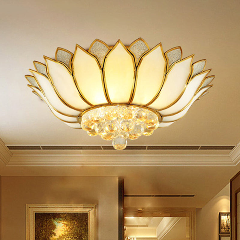 Golden Lotus Flush Mount Light Traditional 4/6 Lights Glass Ceiling Lamp with Crystal Drop Clearhalo 'Ceiling Lights' 'Close To Ceiling Lights' 'Close to ceiling' 'Flush mount' Lighting' 254982