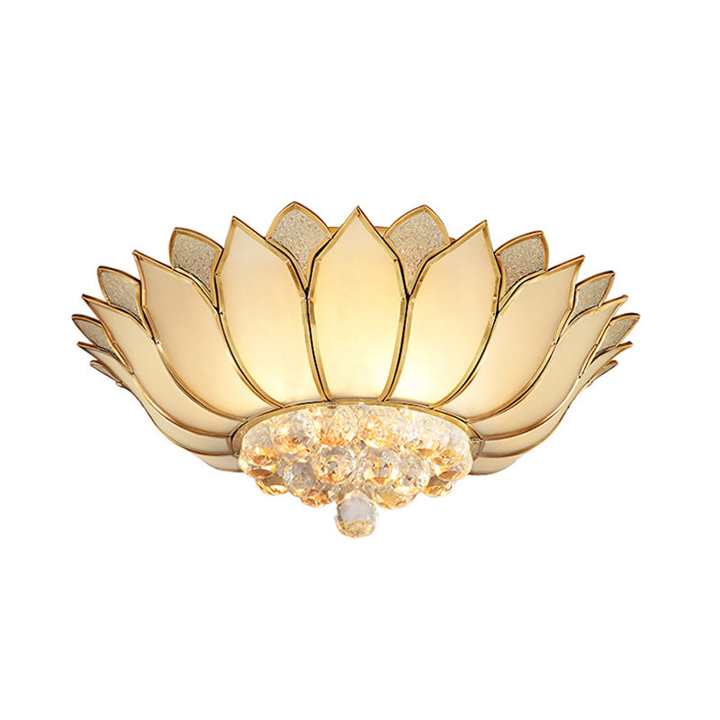 Golden Lotus Flush Mount Light Traditional 4/6 Lights Glass Ceiling Lamp with Crystal Drop Clearhalo 'Ceiling Lights' 'Close To Ceiling Lights' 'Close to ceiling' 'Flush mount' Lighting' 254983