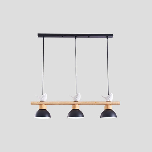 3 Lights Metal Shaded Island Lighting Nordic Style Bowl Wood Pendant Black Clearhalo 'Ceiling Lights' 'Island Lights' Lighting' 2549925