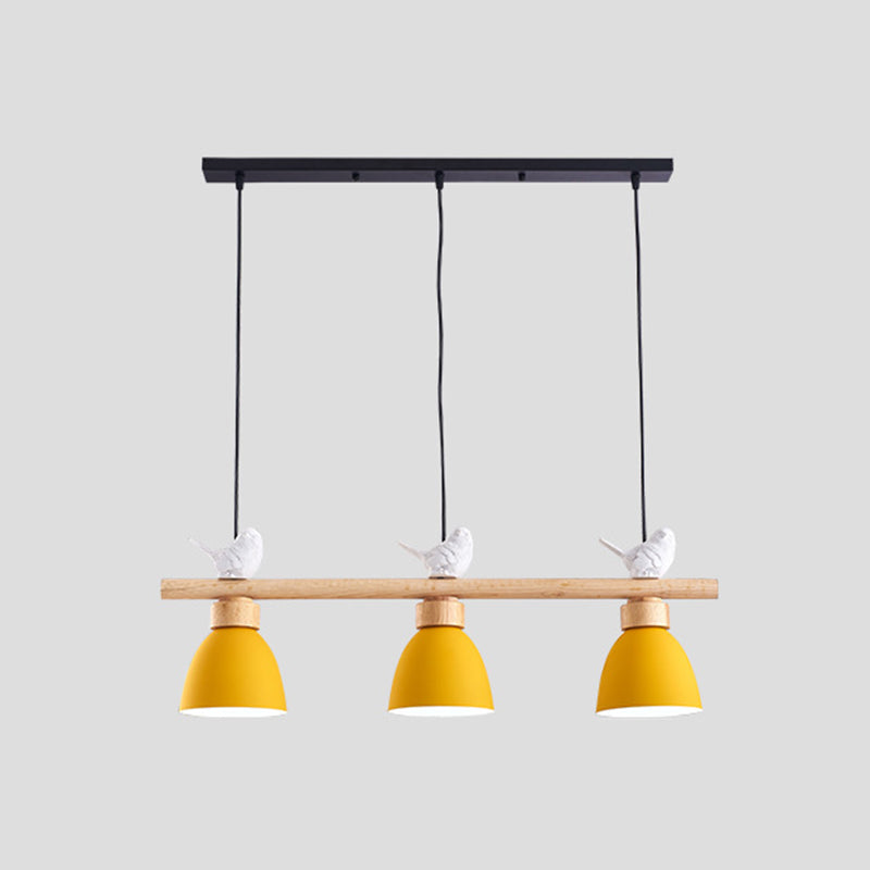 3 Lights Island Pendant Macaron Bowl Metal Pendant with Wood Electric Light Socket Yellow Clearhalo 'Ceiling Lights' 'Island Lights' Lighting' 2549937