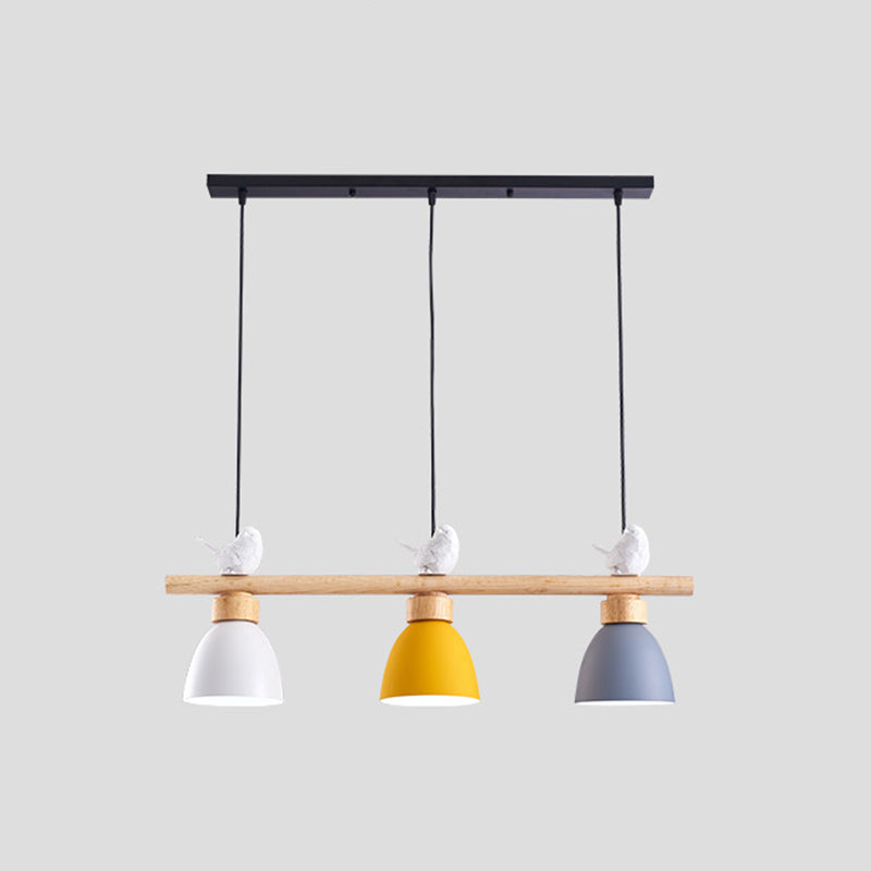 3 Lights Island Pendant Macaron Bowl Metal Pendant with Wood Electric Light Socket White-Yellow Clearhalo 'Ceiling Lights' 'Island Lights' Lighting' 2549940