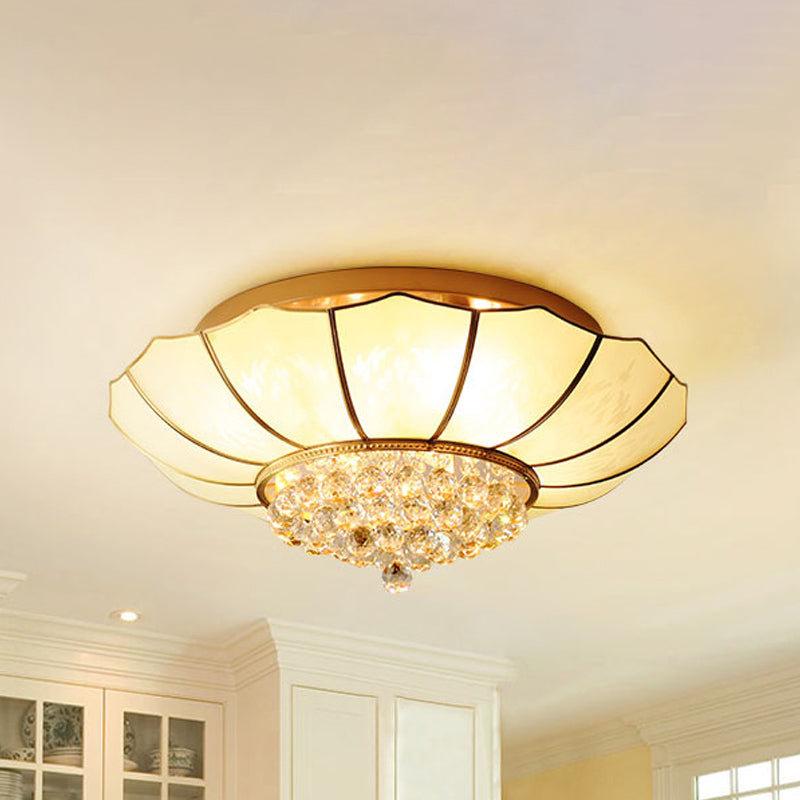 White Flared Ceiling Flush Mount Contemporary 4/6-Light Ribbed Glass Flushmount Lighting with Crystal Finial Clearhalo 'Ceiling Lights' 'Close To Ceiling Lights' 'Close to ceiling' 'Flush mount' Lighting' 255013