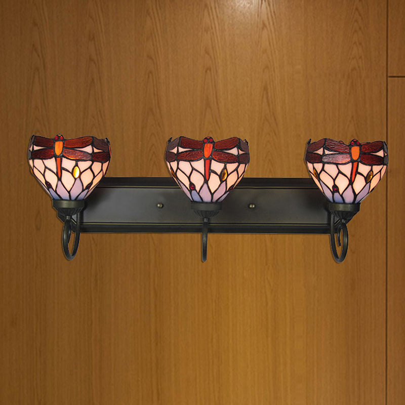 3 Lights Dragonfly Wall Lighting Stained Glass Lodge Vanity Light in Antique Brass for Bathroom Antique Brass Clearhalo 'Industrial' 'Middle century wall lights' 'Tiffany wall lights' 'Tiffany' 'Wall Lamps & Sconces' 'Wall Lights' Lighting' 2550420